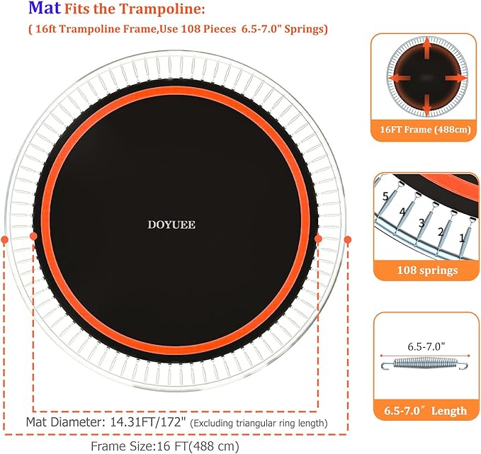Trampoline Mat Replacement-Fits 16FT Frame with 108 Rings Fits 6.5-7.0" Springs-Mat Diameter 14.3ft