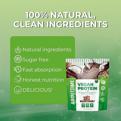 About Time Vegan Protein Powder 20g Chocolate, Natural Ingredients, Non-GMO, Plant Based, Gluten