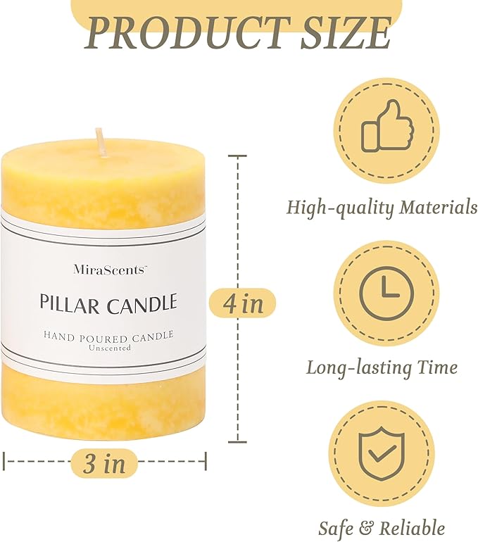 3x4 inch Yellow Pillar Candles Set of 3, Unscented Pillar Candle, Dripless and Smokeless Large