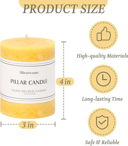 3x4 inch Yellow Pillar Candles Set of 3, Unscented Pillar Candle, Dripless and Smokeless Large