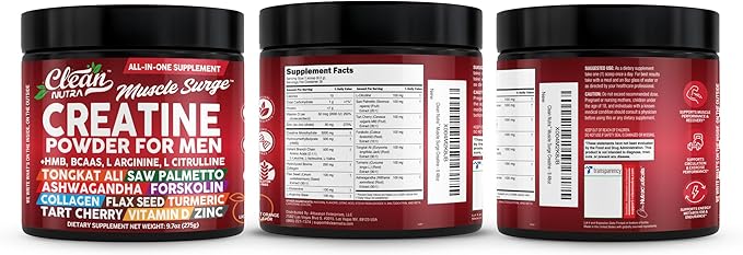 Clean Nutra Creatine Powder for Men + HMB BCAA L Arginine L Citrulline Tongkat Ali Saw Palmetto