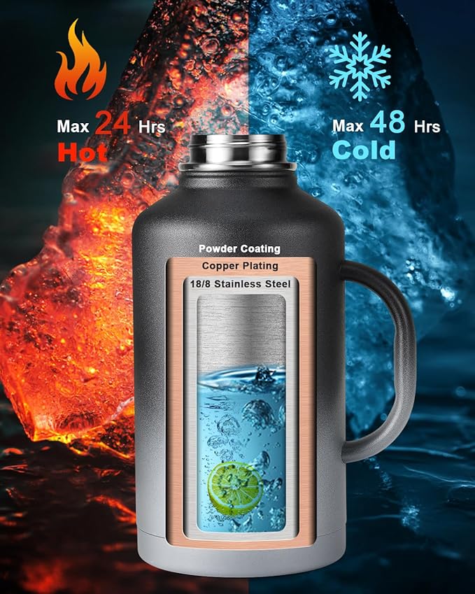 64 oz Insulated Water Bottle with Straw and Lid, Half Gallon Stainless Steel Cup with