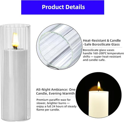 Set of 12 Elegant White Pillar Candles with Clear Ribbed Glass Holders?“Perfect for Weddings