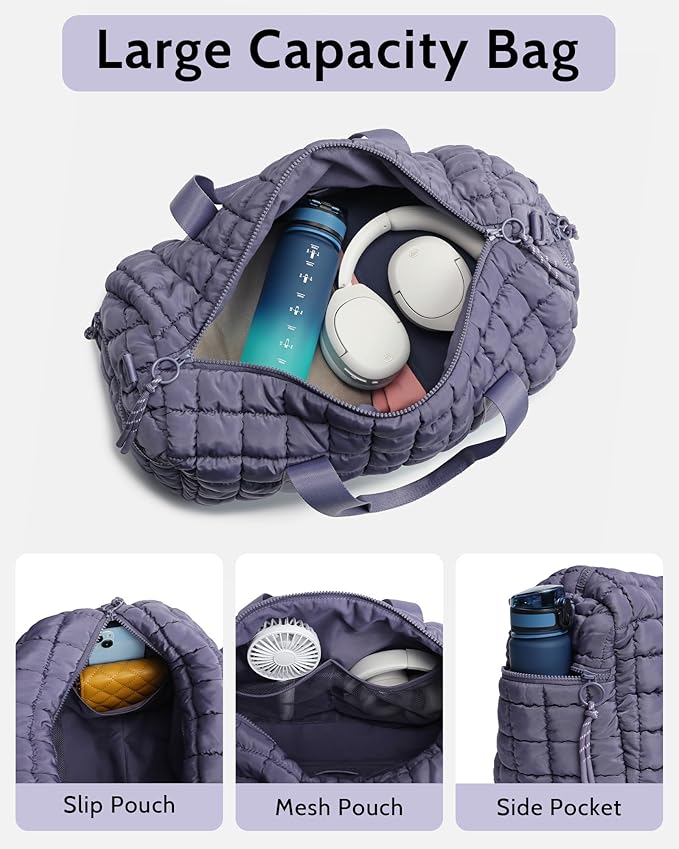 Quilted Duffel Bag for Women, Puffer Gym Duffle Bag with Shoe Compartment Lightweight Large