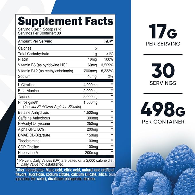 Nutricost Pre-X Xtreme Pre-Workout Powder Complex, Blue Raspberry, 30 Servings, Vegetarian, Non-GMO