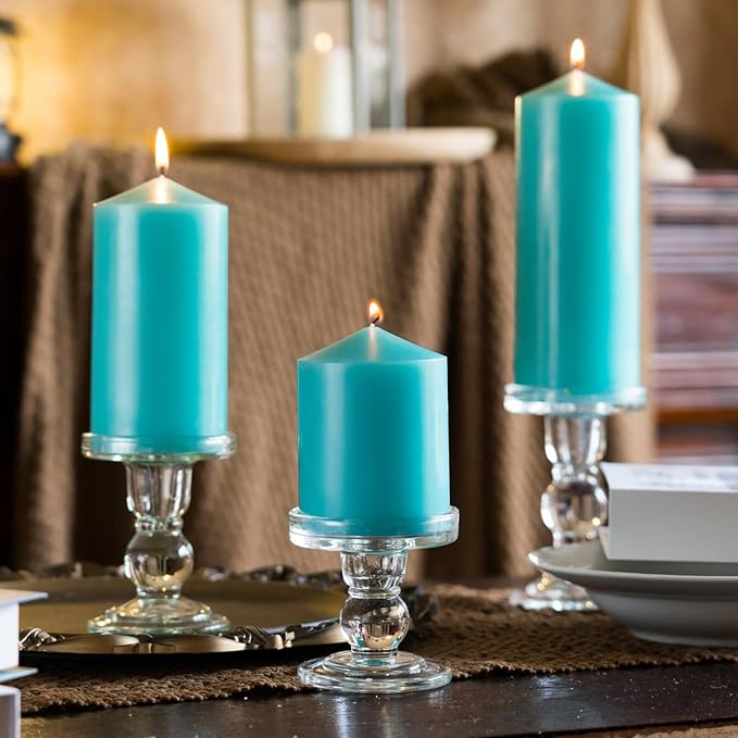 MOZEAL 3" x 8" Hand-Poured Unscented Candles,Large Turquoise Pillar Candles Set of 2,No Drip,Approx