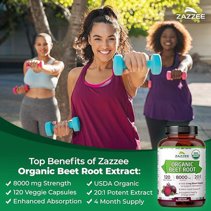 Zazzee USDA Organic Beet Root 8000 mg Strength 20:1 Extract, 120 Vegan Quick Release Capsules