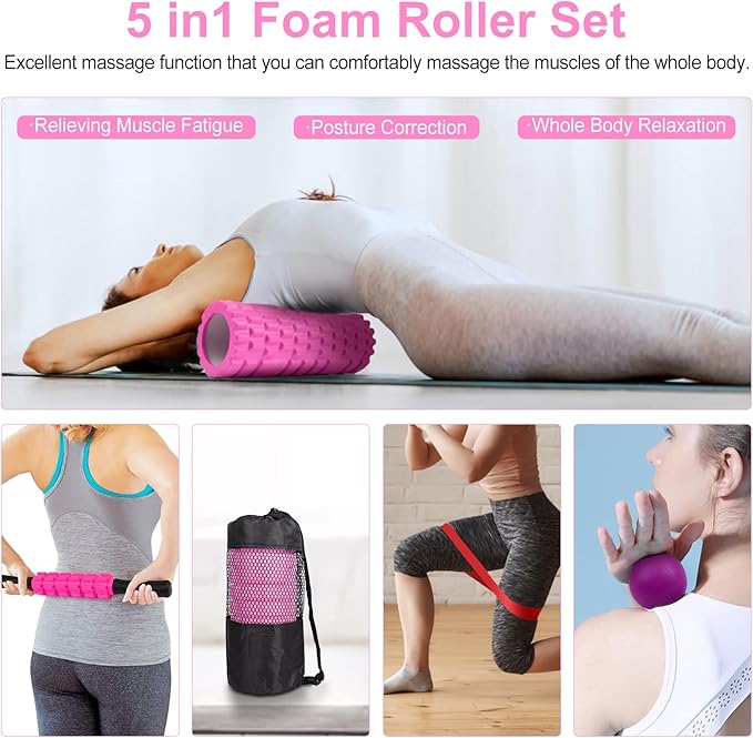 5 in 1 Foam Roller Set Includes Hollow Core Massage Roller, Yoga Stick, Massage Ball, Fitness