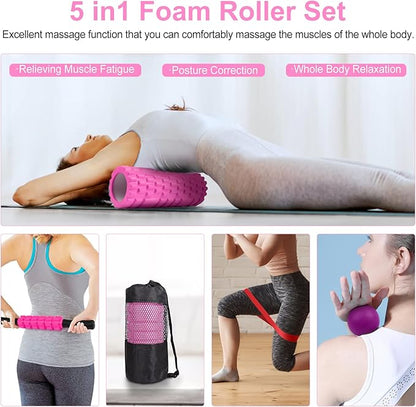 5 in 1 Foam Roller Set Includes Hollow Core Massage Roller, Yoga Stick, Massage Ball, Fitness