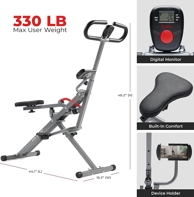 Sunny Health & Fitness Row-N-Ride PRO, Full Body Combo Squat Machine w/Optional Resistance Band