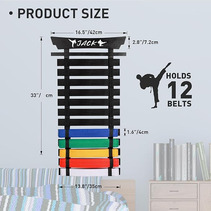 12 Belts Karate Belt Display Rack with Stickers, Martial Arts Belt Display Holder, Taekwondo Belt