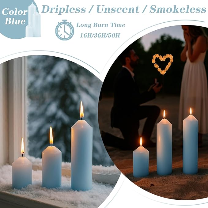 18 Pcs Blue Pillar Candles Bulk Set，Hurricane Candlesï¼? Different Lengths (6 Each)，Dripless