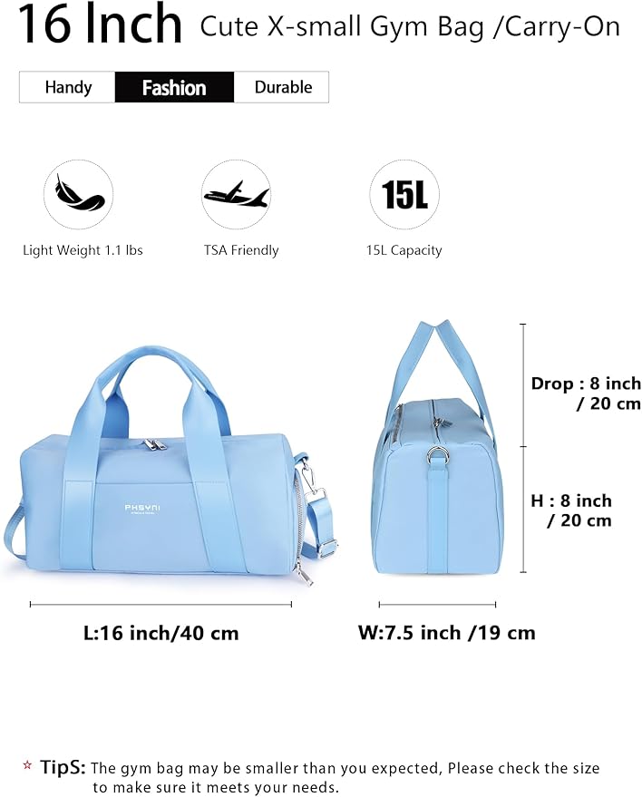 Compact Sports Gym Bag for Women, Cute Mini Duffle Bag with Wet Pocket & Shoes Compartment