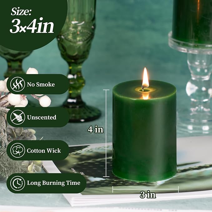 KONNI Navy Green Pillar Candles Set of 3, 3"x 4" Unscented Pillar Candles Bulk, 39 Hours Long