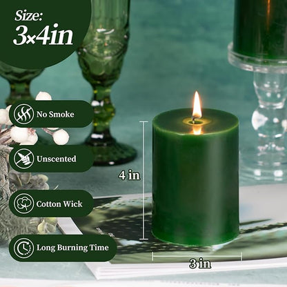 KONNI Navy Green Pillar Candles Set of 3, 3"x 4" Unscented Pillar Candles Bulk, 39 Hours Long