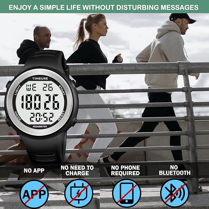 Mens Pedometer Watch for Walking Step Counter Watch No Charging, No App Connection, with EL