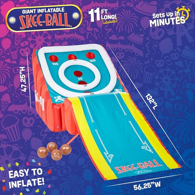 Flybar FunPark Giant Inflatable Skee-Ball Game – 11 Ft Long w/ 4 Balls & Electric Air Pump – Indoor