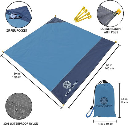 ECCOSOPHY Sand Proof Beach Blanket - Waterproof Picnic Blanket 60x55-Outdoor Compact Pocket