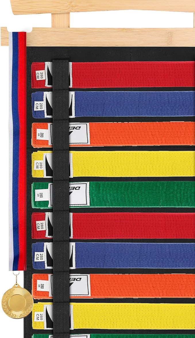 JUXYES Wall Hanging Martial Arts Belts Organizer with Trophy and Medal Display Rack, Bamboo Karate