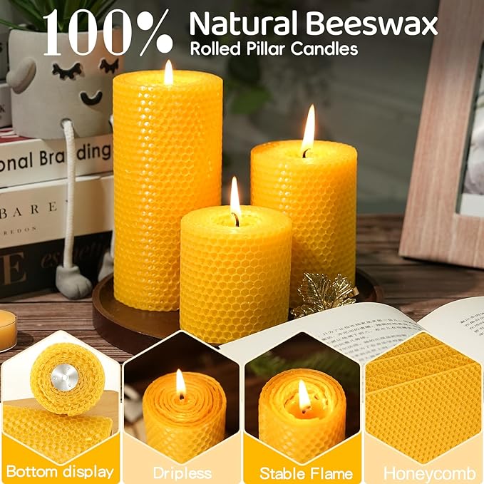 Hand-Rolled Beeswax Candles,2.8x3in-3PCS,All Natural Honeycomb Beeswax Pillar Candles,72 Hours Long