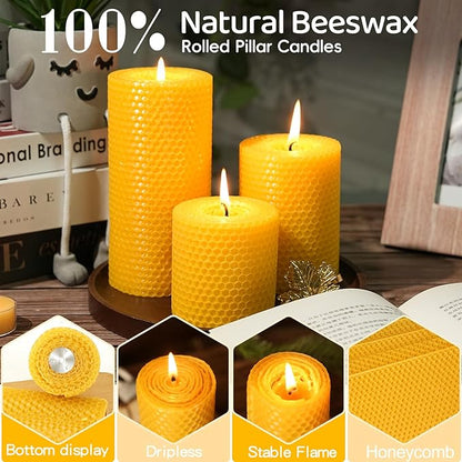 Hand-Rolled Beeswax Candles,2.8x3in-3PCS,All Natural Honeycomb Beeswax Pillar Candles,72 Hours Long