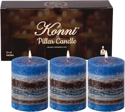 KONNI Blue-Coffee Layered Pillar Candles Set of 3, 3"x 4" Unscented Pillar Candles Bulk, 39 Hours