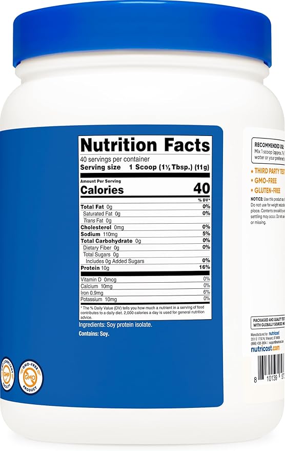 Nutricost Soy Protein Isolate Powder, 1 LB Unflavored - 10 Grams of Protein Per Serving, Vegan