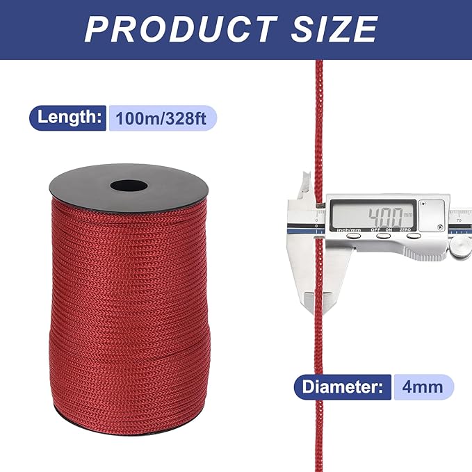 MECCANIXITY 5/32 Inch Polypropylene Rope Braided Ropes, 328ft Camping Rope Hollow Utility Cord for