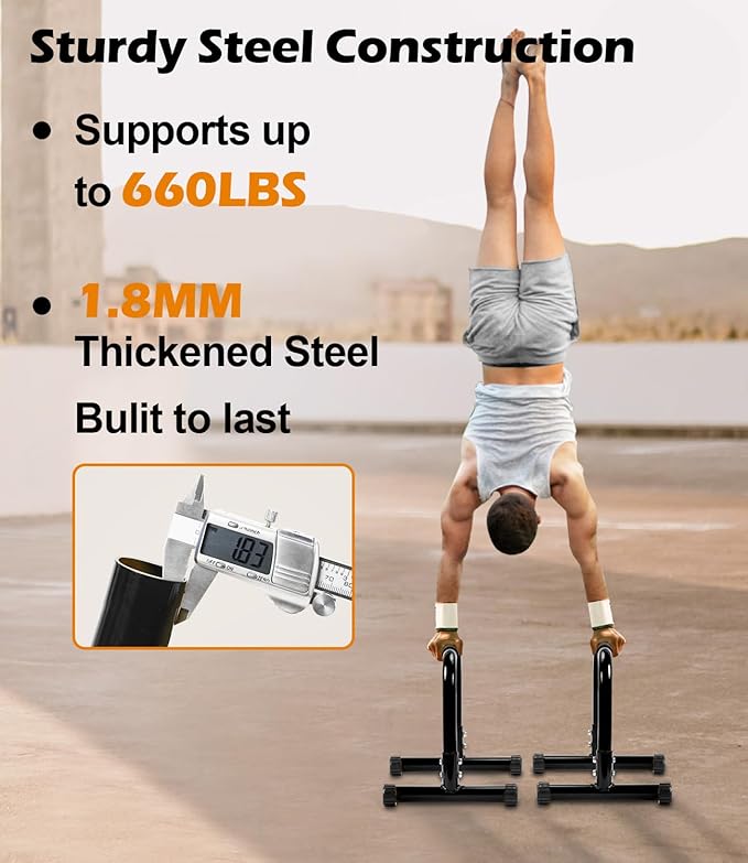 TABEKE Push Up Bar, 14'' High Steel Parallettes & Dip Bar with Full Coverage Foam Handle