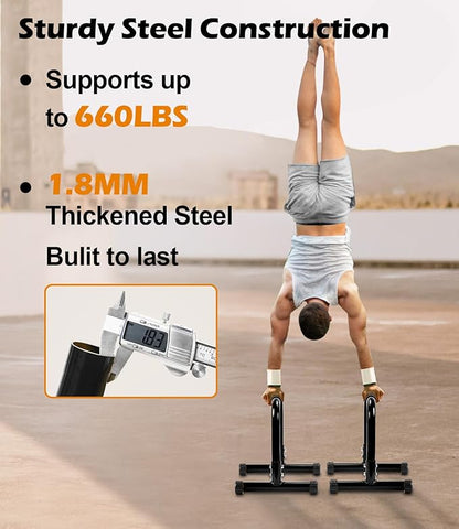 TABEKE Push Up Bar, 14'' High Steel Parallettes & Dip Bar with Full Coverage Foam Handle