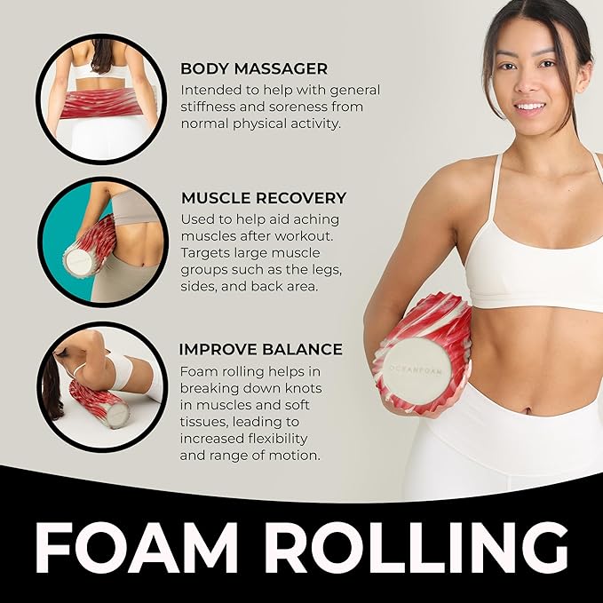 Oceanfoam Tidal Roller - Red Marbled - Muscle Massage Foam Roller for Back Pain & Stretching - Firm