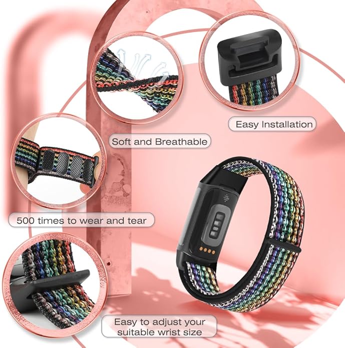 Sport Loop Nylon Watch Bands Compatible with Fitbit Charge 6/5, Adjustable Breathable Replacement