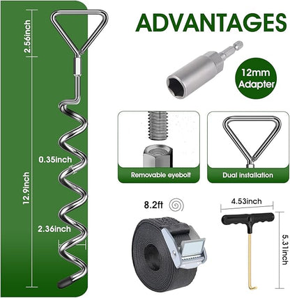 Trampoline Stakes Heavy Duty Trampoline Anchors Kit, Spiral Screw In Ground Anchors with Straps