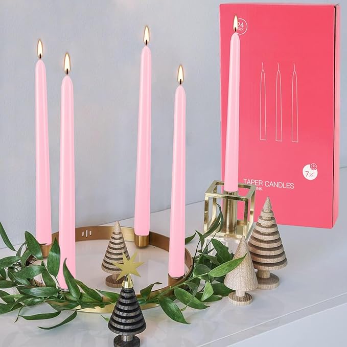 24 Pack Pink Taper Candles, 7-8 Hours Burn Time, Unscented, Smokeless and Dripless, 0.75 x 10 Inch
