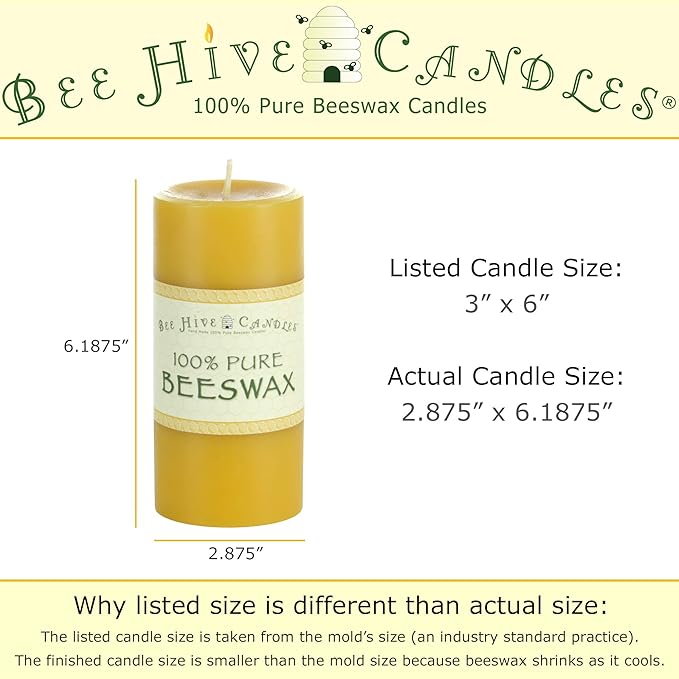 100% Pure Beeswax Pillar Candle (3" x 6") | Natural Beeswax Candles | Soy, Paraffin & Fragrance