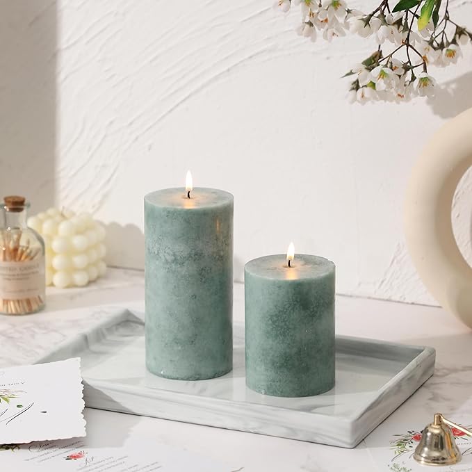3x6 inch Green Pillar Candles Set of 3, Unscented Pillar Candle, Dripless and Smokeless Large