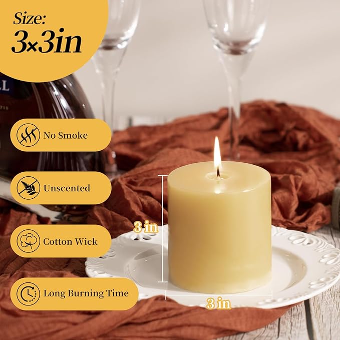 KONNI Mustard Yellow Pillar Candles Set of 3, 3"x 3" Unscented Pillar Candles Bulk, 30 Hours Long