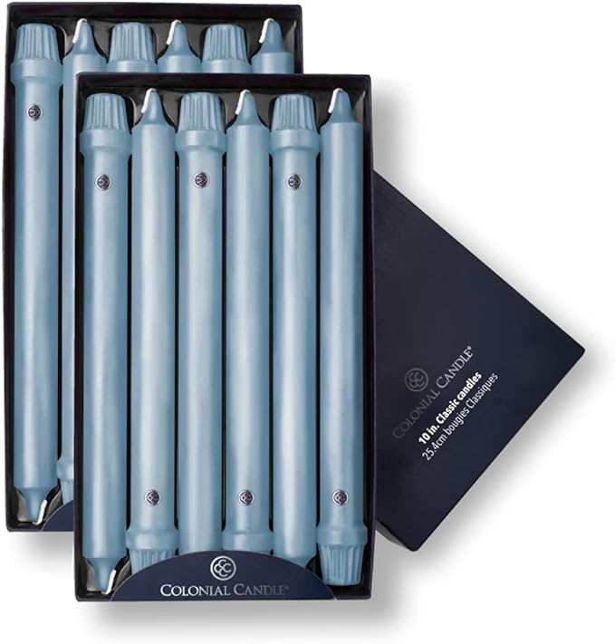 Colonial Candle Unscented Taper Candle, Classic Collection, Coastal Blue, 10 in, Pack of 12 - Up to