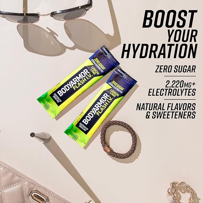 BODYARMOR Flash IV Electrolyte Packets, Lemon Lime - Zero Sugar Drink Mix, Single Serve Packs