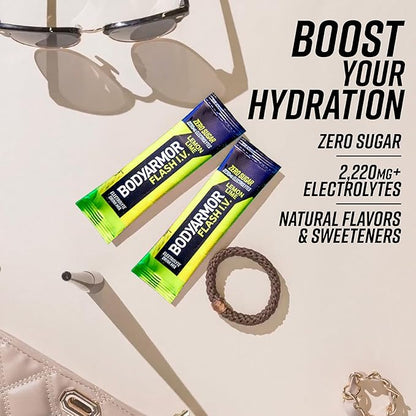 BODYARMOR Flash IV Electrolyte Packets, Lemon Lime - Zero Sugar Drink Mix, Single Serve Packs