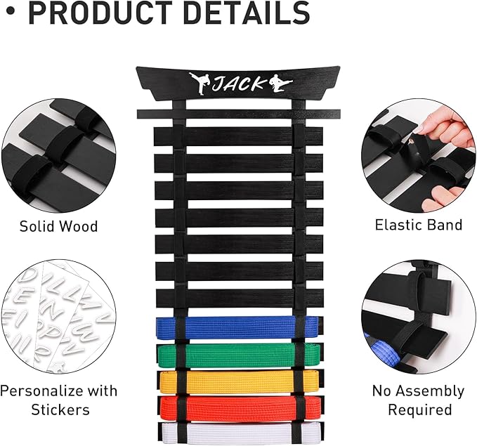 12 Belts Karate Belt Display Rack with Stickers, Martial Arts Belt Display Holder, Taekwondo Belt