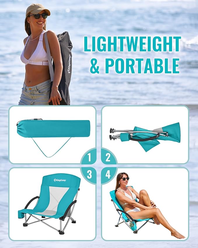 KingCamp Low Beach Chairs, Portable Folding Chair for Adults Extra Wide Ergonomic High Back Seat