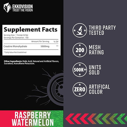 Ekkovision Creatine Monohydrate Powder, Micronized, Raspberry Watermelon, Pre & Post Workout