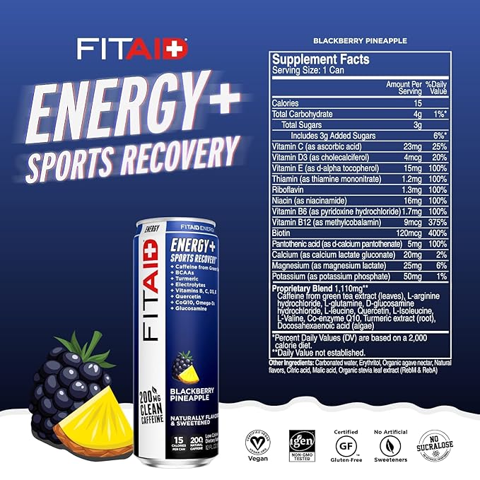 LIFEAID FITAID Energy Drink, 200mg Natural Caffeine, Keto, 15 Calories, Variety Pack, BCAAs