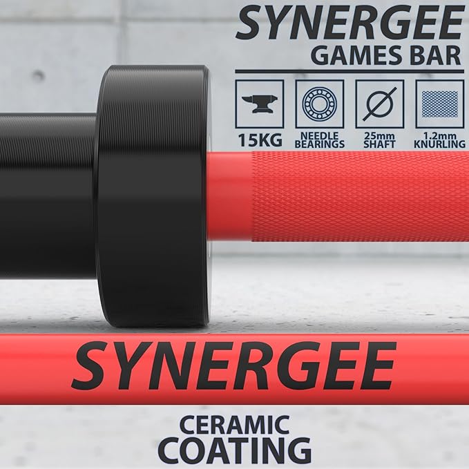 Synergee Games 15kg and 20kg Colored Ceramic Coated Barbells. Rated 1500lbs for Weightlifting and