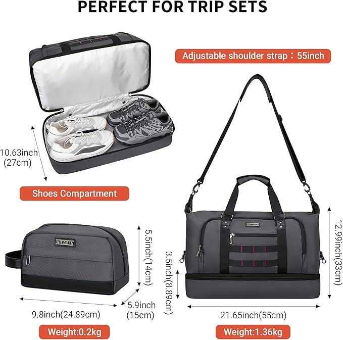 WITZMAN Travel Duffle Bags for Men Weekender Bags with Toiletry Bag Sets Carry On Overnight Bag 55L
