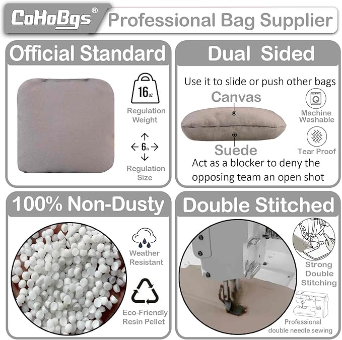 CoHoBgs Corn Hole Bags Set 8, Professional Cornhole Bags Dual-Sided Slick & Stick Resin Filled