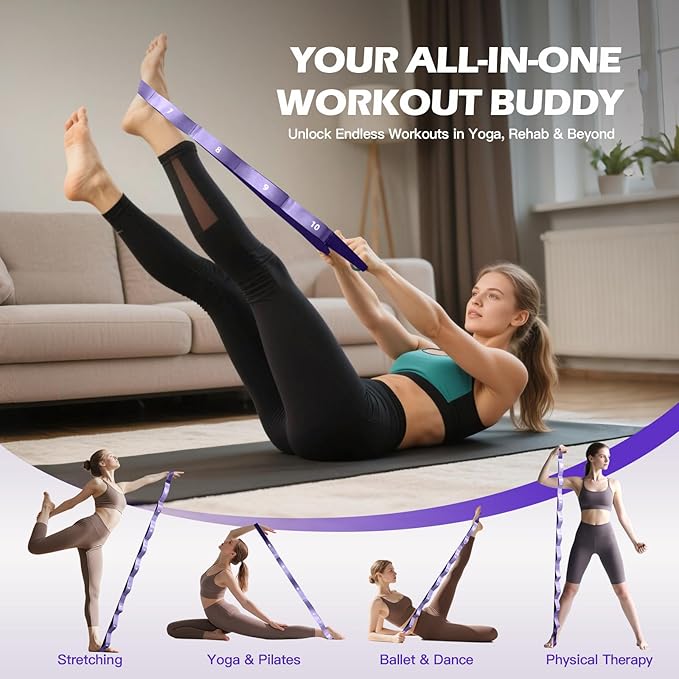 Stretching Strap with Loops - Non Elastic Yoga Straps for Physical Therapy, Durable Stretch Bands