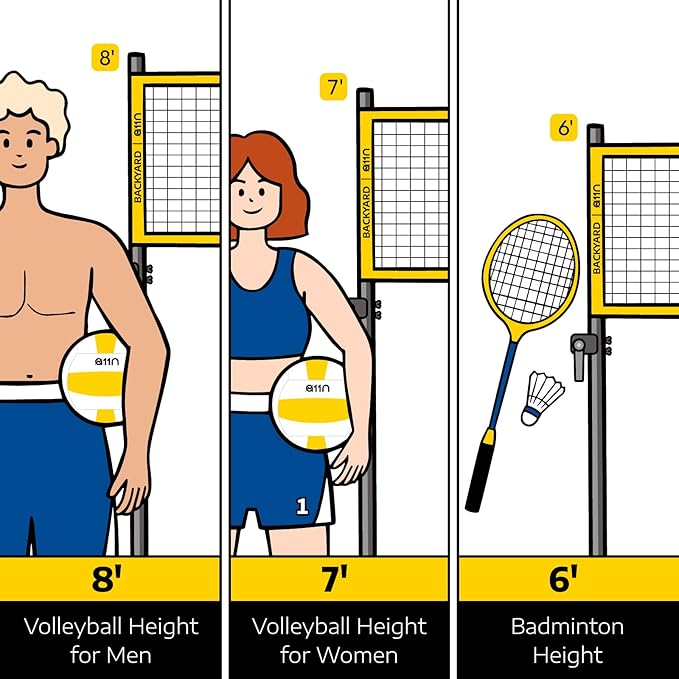 A11N Outdoor Volleyball and Badminton Combo Set - Includes Adjustable Height Anti-Sag Net