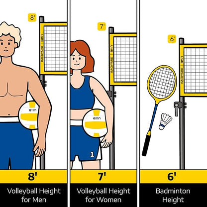 A11N Outdoor Volleyball and Badminton Combo Set - Includes Adjustable Height Anti-Sag Net